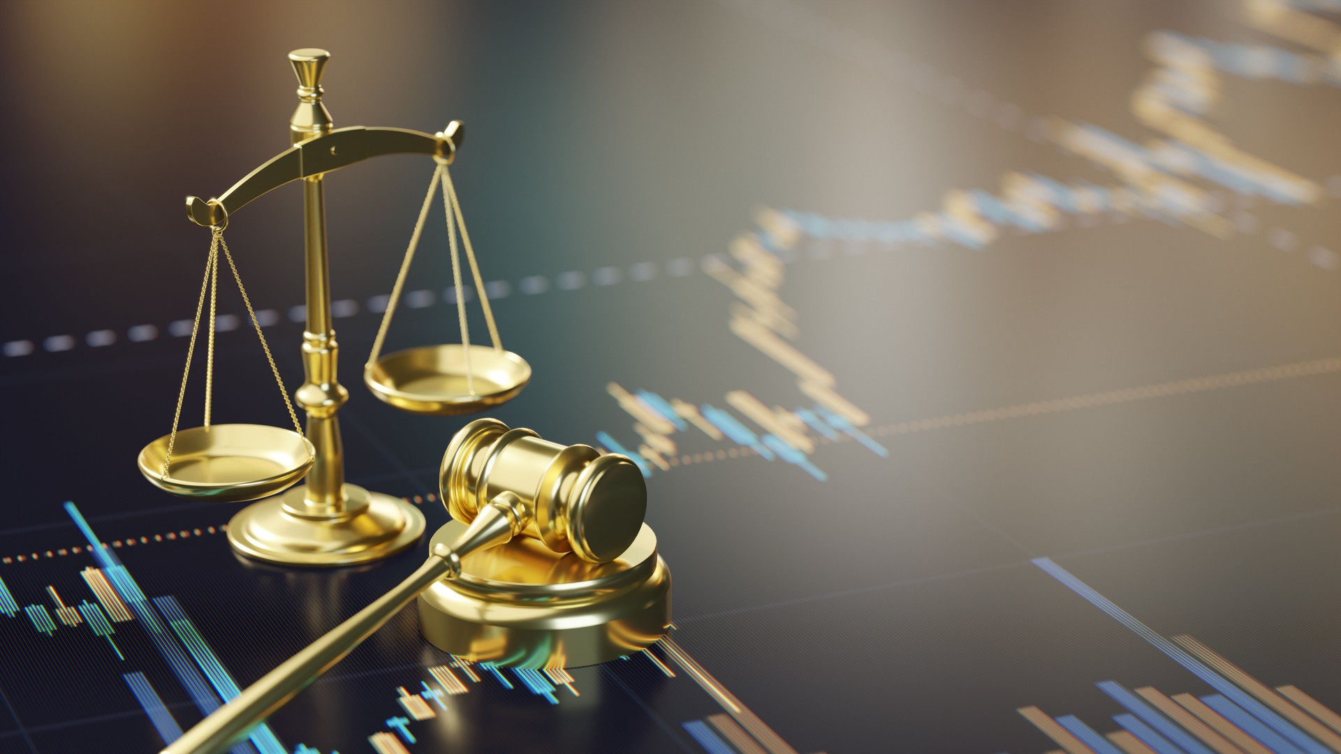 Golden Scales of Justice and Gavel on Financial Chart Background
